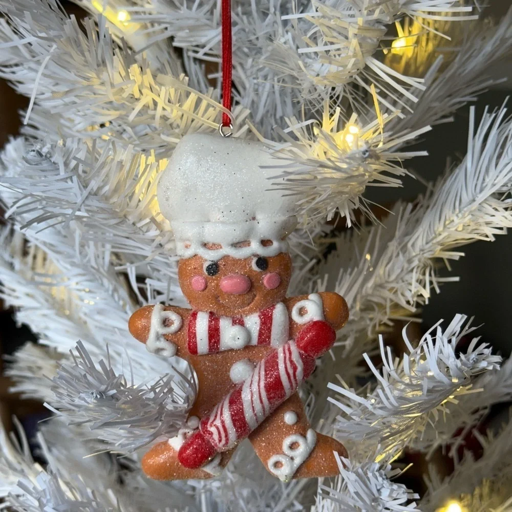 Gingerbread Chef Ornament with Candy Cane - White and Brown